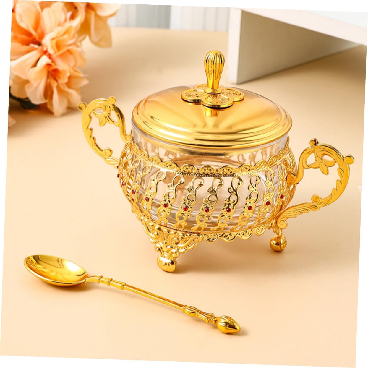 Kitchen Gadgets Gold - وعاء سكر مع غطاء وملعقة، وعاء