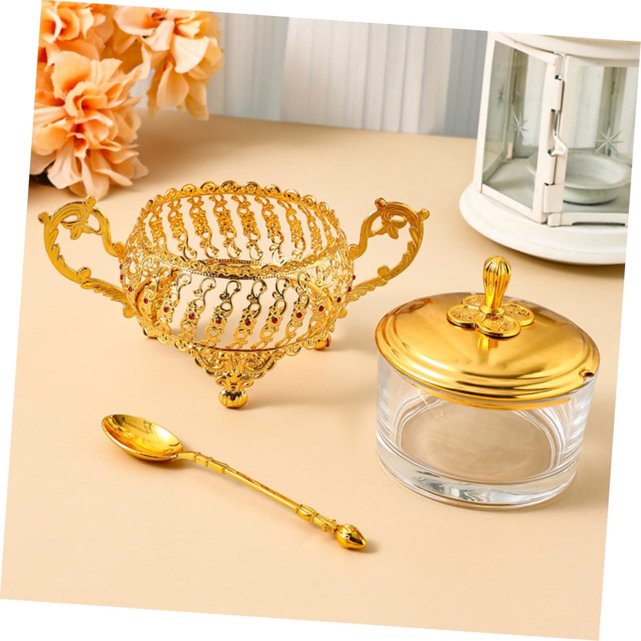 وعاء سكر مع غطاء وملعقة، وعاء  - مراجعة Kitchen Gadgets Gold وسعره