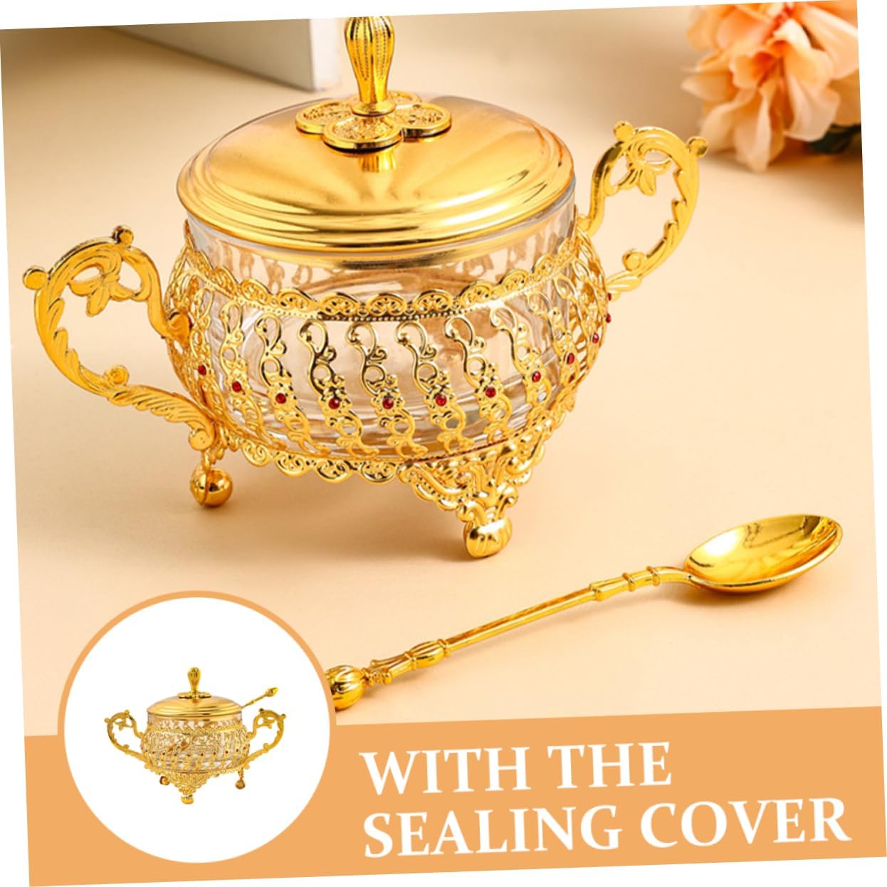 وعاء سكر مع غطاء وملعقة، وعاء  - مراجعة Kitchen Gadgets Gold وسعره