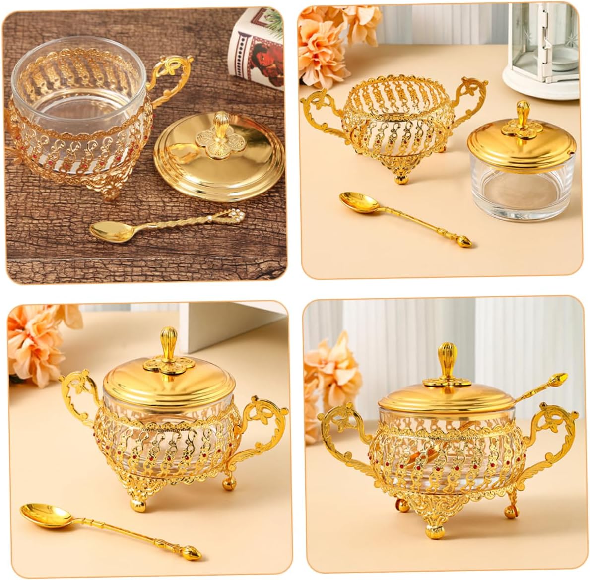وعاء سكر مع غطاء وملعقة، وعاء  - مراجعة Kitchen Gadgets Gold وسعره